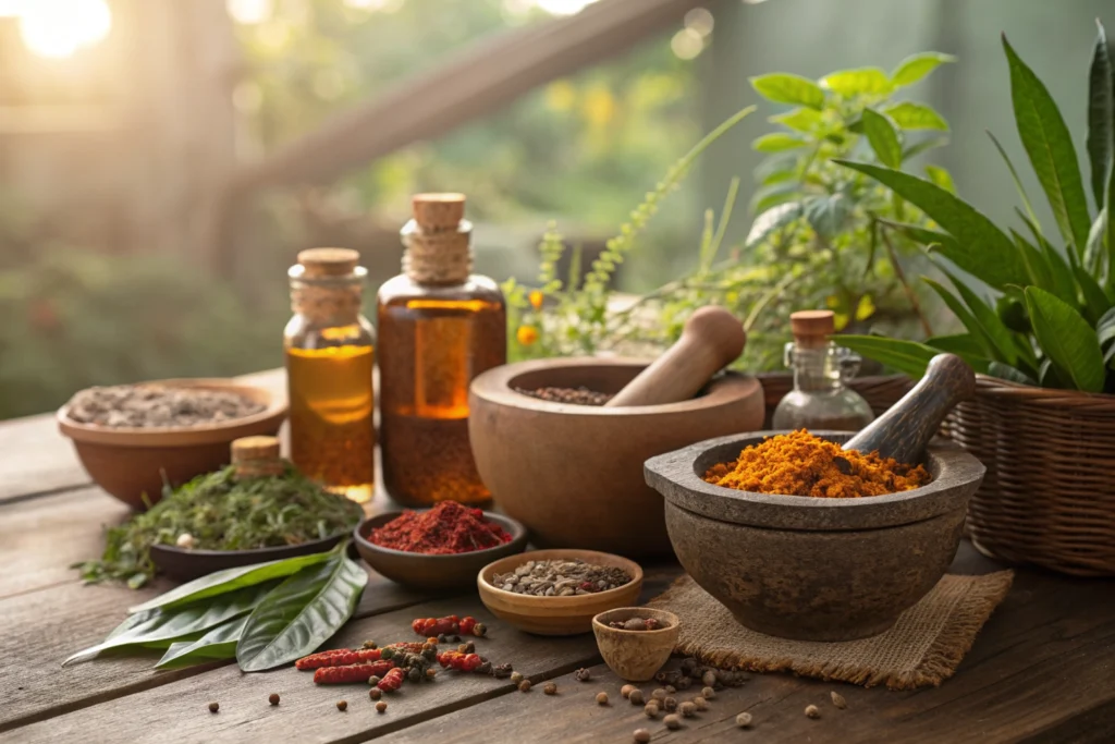 Traditional Sri Lankan Ayurvedic herbs and oils on a wooden table with a serene background.