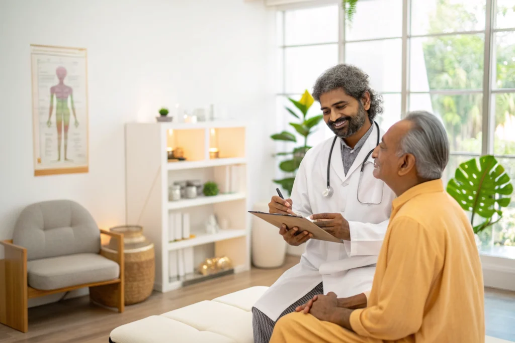 A professional consultation between an Ayurvedic doctor and a patient in a modern, clean clinic.
