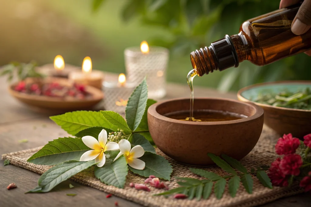 A close-up of a traditional Sri Lankan Ayurvedic treatment with herbal oils and natural elements.